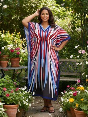 Gypsie Blu Multicolor Print Caftan Dress Plus Size Kimono Maxi Dresses for Women